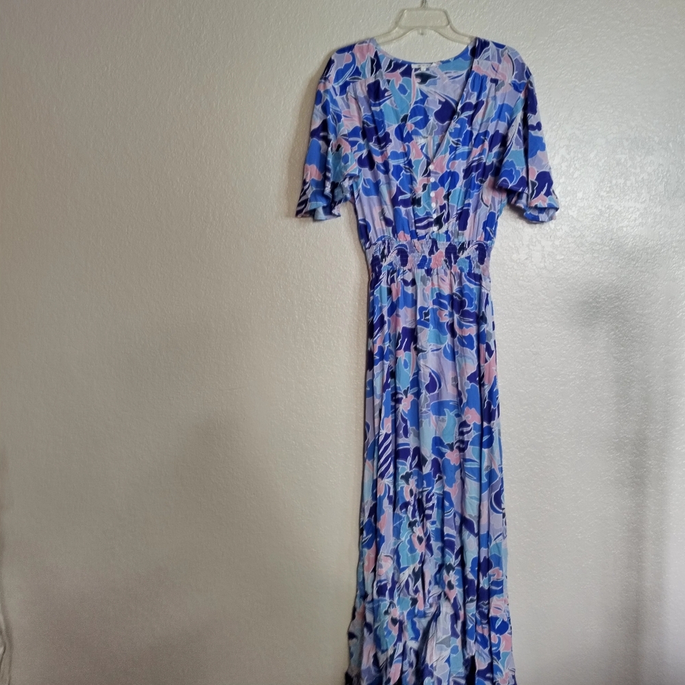 ABEL THE LABEL Floral Smocked Hi Low V Neck Boho Maxi Dress Sz L